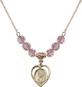 18" Hamilton Gold Plated Necklace with 4mm Light Rose Crystal Beads featuring a 14kt Gold Filled Saint Christopher Medal.