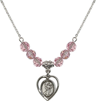 18" Rhodium Plated Necklace with 4mm Light Rose Crystal Beads featuring a Sterling Silver Saint Christopher Medal.