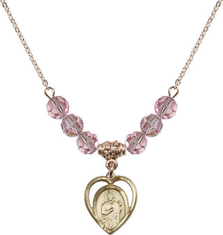 18" Hamilton Gold Plated Necklace with 4mm Light Rose Crystal Beads featuring a 14kt Gold Filled Saint Jude Medal.