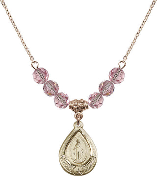 18" Hamilton Gold Plated Necklace with 4mm Light Rose Crystal Beads featuring a 14kt Gold Filled Miraculous Medal.