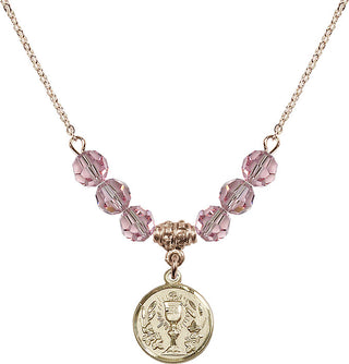 18" Hamilton Gold Plated Necklace with 4mm Light Rose Crystal Beads featuring a 14kt Gold Filled Communion Chalice Medal.