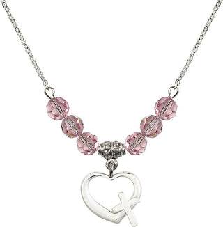 18" Rhodium Plated Necklace with 4mm Light Rose Crystal Beads featuring a Sterling Silver Heart / Cross Medal.
