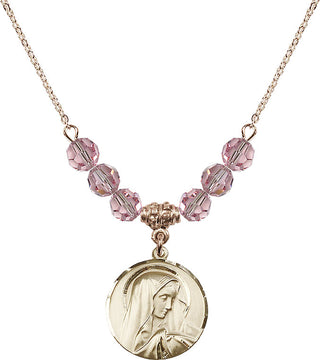 18" Hamilton Gold Plated Necklace with 4mm Light Rose Crystal Beads featuring a 14kt Gold Filled Sorrowful Mother Medal.