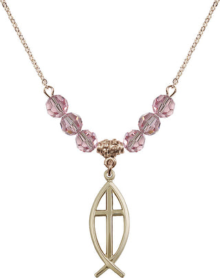 18" Hamilton Gold Plated Necklace with 4mm Light Rose Crystal Beads featuring a 14kt Gold Filled Fish / Cross Medal.
