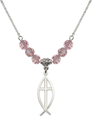 18" Rhodium Plated Necklace with 4mm Light Rose Crystal Beads featuring a Sterling Silver Fish / Cross Medal.
