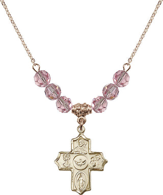 18" Hamilton Gold Plated Necklace with 4mm Light Rose Crystal Beads featuring a 14kt Gold Filled 5-Way Medal.