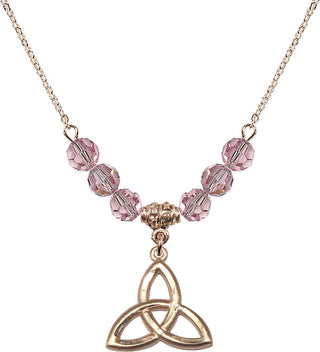18" Hamilton Gold Plated Necklace with 4mm Light Rose Crystal Beads featuring a 14kt Gold Filled Trinity Irish Knot Medal.