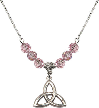 18" Rhodium Plated Necklace with 4mm Light Rose Crystal Beads featuring a Sterling Silver Trinity Irish Knot Medal.