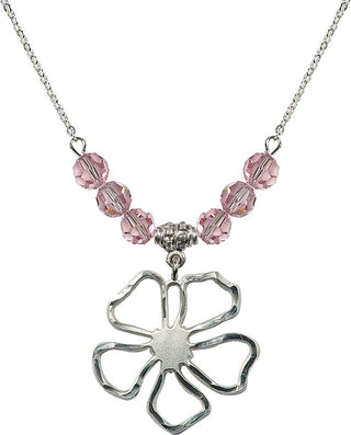 18" Rhodium Plated Necklace with 4mm Light Rose Crystal Beads featuring a Sterling Silver Five Pedal Flower Medal.
