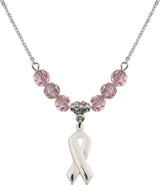 18" Rhodium Plated Necklace with 4mm Light Rose Crystal Beads featuring a Sterling Silver Cancer Awareness Medal.