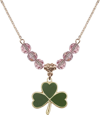 18" Hamilton Gold Plated Necklace with 4mm Light Rose Crystal Beads featuring a 14kt Gold Filled Shamrock Medal.
