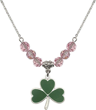 18" Rhodium Plated Necklace with 4mm Light Rose Crystal Beads featuring a Sterling Silver Shamrock Medal.