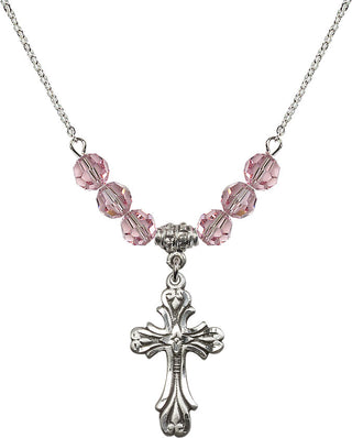 18" Rhodium Plated Necklace with 4mm Light Rose Crystal Beads featuring a Sterling Silver Cross Medal.
