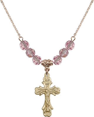 18" Hamilton Gold Plated Necklace with 4mm Light Rose Crystal Beads featuring a 14kt Gold Filled Crucifix Medal.