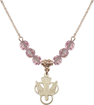 18" Hamilton Gold Plated Necklace with 4mm Light Rose Crystal Beads featuring a 14kt Gold Filled Holy Spirit Medal.