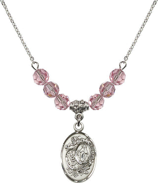 18" Rhodium Plated Necklace with 4mm Light Rose Crystal Beads featuring a Sterling Silver Miraculous Medal.