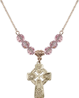 18" Hamilton Gold Plated Necklace with 4mm Light Rose Crystal Beads featuring a 14kt Gold Filled Celtic Cross Medal.