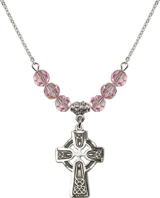 18" Rhodium Plated Necklace with 4mm Light Rose Crystal Beads featuring a Sterling Silver Celtic Cross Medal.