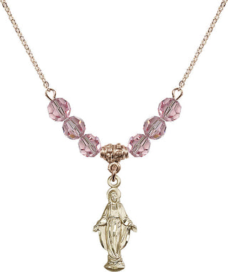 18" Hamilton Gold Plated Necklace with 4mm Light Rose Crystal Beads featuring a 14kt Gold Filled Miraculous Medal.