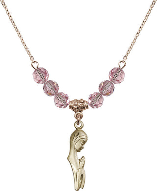 18" Hamilton Gold Plated Necklace with 4mm Light Rose Crystal Beads featuring a 14kt Gold Filled Madonna Medal.