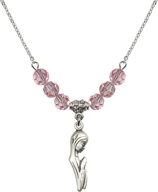 18" Rhodium Plated Necklace with 4mm Light Rose Crystal Beads featuring a Sterling Silver Madonna Medal.