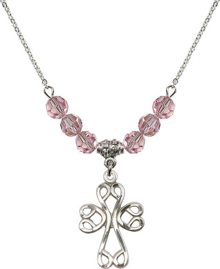 18" Rhodium Plated Necklace with 4mm Light Rose Crystal Beads featuring a Sterling Silver Scroll Cross Medal.