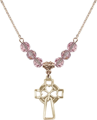 18" Hamilton Gold Plated Necklace with 4mm Light Rose Crystal Beads featuring a 14kt Gold Filled Shamrock Cross Medal.