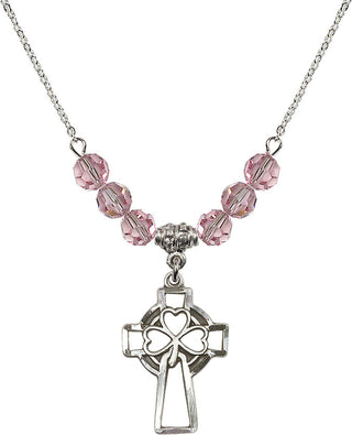 18" Rhodium Plated Necklace with 4mm Light Rose Crystal Beads featuring a Sterling Silver Shamrock Cross Medal.