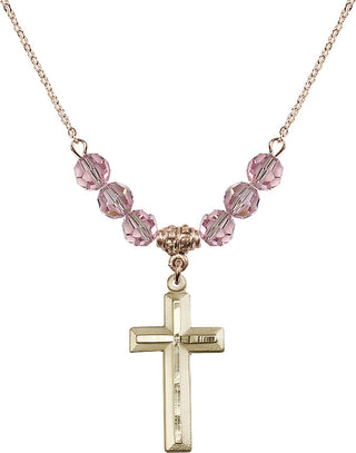 18" Hamilton Gold Plated Necklace with 4mm Light Rose Crystal Beads featuring a 14kt Gold Filled Cross Medal. Engraved Catholic Saint Jewelry