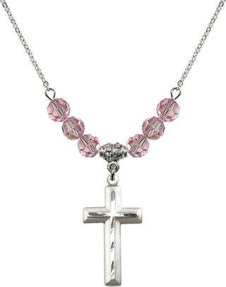 18" Rhodium Plated Necklace with 4mm Light Rose Crystal Beads featuring a Sterling Silver Cross Medal. Engraved Catholic Saint Jewelry