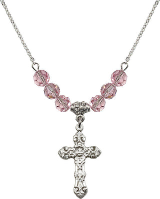 18" Rhodium Plated Necklace with 4mm Light Rose Crystal Beads featuring a Sterling Silver Cross Medal. Engraved Catholic Saint Jewelry
