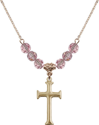 18" Hamilton Gold Plated Necklace with 4mm Light Rose Crystal Beads featuring a 14kt Gold Filled Cross Medal. Engraved Catholic Saint Jewelry