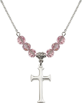 18" Rhodium Plated Necklace with 4mm Light Rose Crystal Beads featuring a Sterling Silver Cross Medal. Engraved Catholic Saint Jewelry