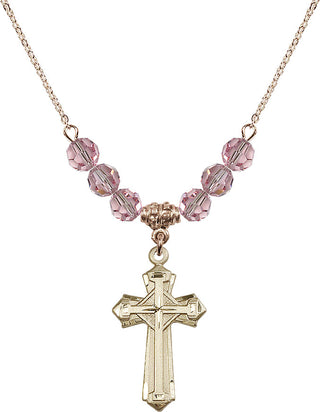 18" Hamilton Gold Plated Necklace with 4mm Light Rose Crystal Beads featuring a 14kt Gold Filled Cross Medal. Engraved Catholic Saint Jewelry