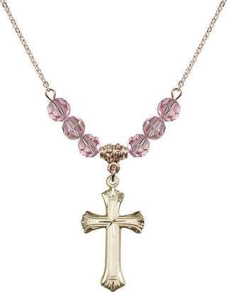 18" Hamilton Gold Plated Necklace with 4mm Light Rose Crystal Beads featuring a 14kt Gold Filled Cross Medal. Engraved Catholic Saint Jewelry