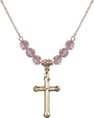 18" Hamilton Gold Plated Necklace with 4mm Light Rose Crystal Beads featuring a 14kt Gold Filled Cross Medal. Engraved Catholic Saint Jewelry