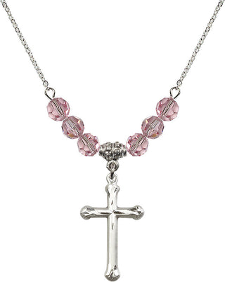 18" Rhodium Plated Necklace with 4mm Light Rose Crystal Beads featuring a Sterling Silver Cross Medal. Engraved Catholic Saint Jewelry
