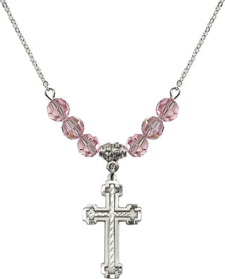 18" Rhodium Plated Necklace with 4mm Light Rose Crystal Beads featuring a Sterling Silver Cross Medal.