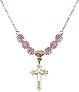 18" Hamilton Gold Plated Necklace with 4mm Light Rose Crystal Beads featuring a 14kt Gold Filled Cross on Cross Medal. Engraved Catholic Saint Jewelry