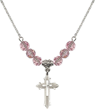 18" Rhodium Plated Necklace with 4mm Light Rose Crystal Beads featuring a Sterling Silver Cross on Cross Medal. Engraved Catholic Saint Jewelry