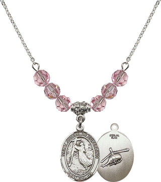 18" Rhodium Plated Necklace with 4mm Light Rose Crystal Beads featuring a Sterling Silver Saint Joseph of Cupertino/Heleco Medal.