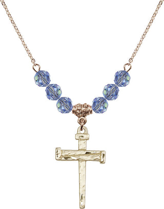 18" Hamilton Gold Plated Necklace with 4mm Light Sapphire Crystal Beads featuring a 14kt Gold Filled Nail Cross Medal.