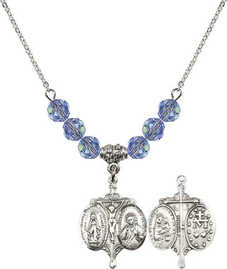 18" Rhodium Plated Necklace with 4mm Light Sapphire Crystal Beads featuring a Sterling Silver Novena Medal.