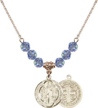 18" Hamilton Gold Plated Necklace with 4mm Light Sapphire Crystal Beads featuring a 14kt Gold Filled Saint Benedict Medal.