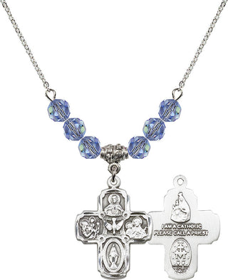 18" Rhodium Plated Necklace with 4mm Light Sapphire Crystal Beads featuring a Sterling Silver 5-Way Medal.