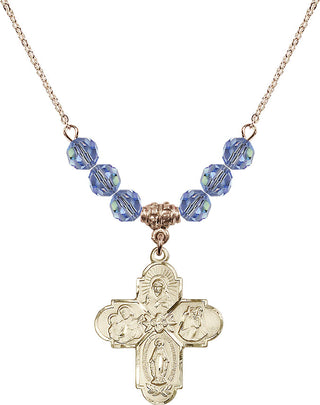 18" Hamilton Gold Plated Necklace with 4mm Light Sapphire Crystal Beads featuring a 14kt Gold Filled 4-Way Medal.