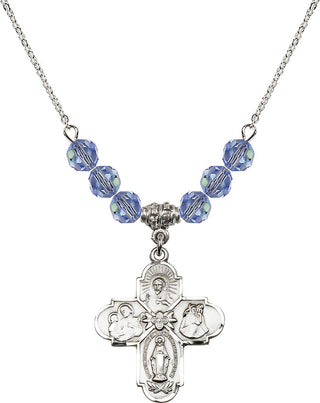 18" Rhodium Plated Necklace with 4mm Light Sapphire Crystal Beads featuring a Sterling Silver 4-Way Medal.