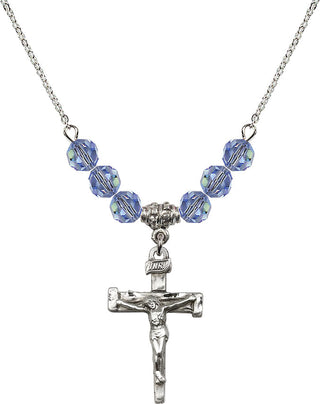 18" Rhodium Plated Necklace with 4mm Light Sapphire Crystal Beads featuring a Sterling Silver Nail Crucifix Medal.