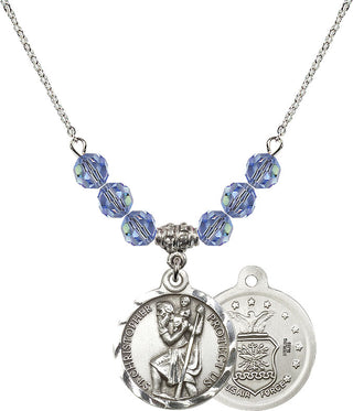 18" Rhodium Plated Necklace with 4mm Light Sapphire Crystal Beads featuring a Sterling Silver Saint Christopher / Air Force Medal.