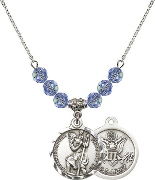 18" Rhodium Plated Necklace with 4mm Light Sapphire Crystal Beads featuring a Sterling Silver Saint Christopher / Army Medal.